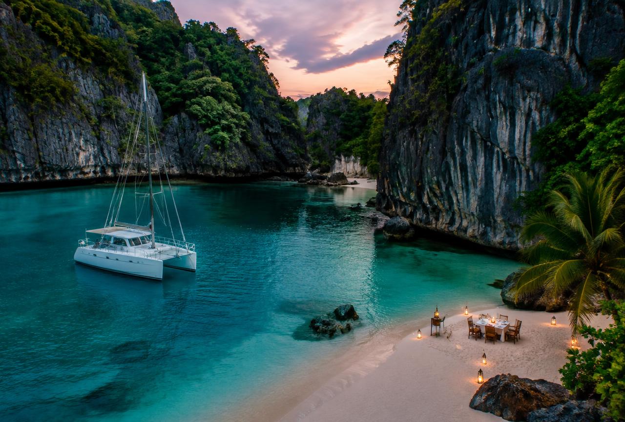 Palawan Hidden Lagoons, Philippines — private yacht and island celebration shore