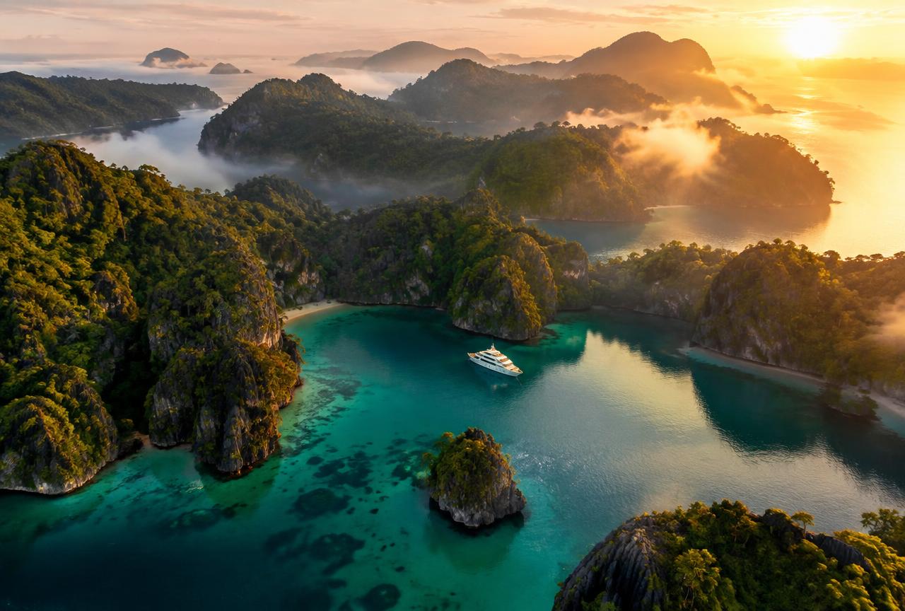 Raja Ampat Archipelago, Indonesia — private yacht and island celebration shore
